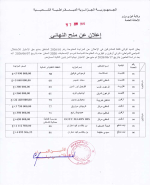 اعلان عن منح نهائي